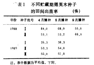 表1 不同貯藏期翅莢木種子的田間出苗率
